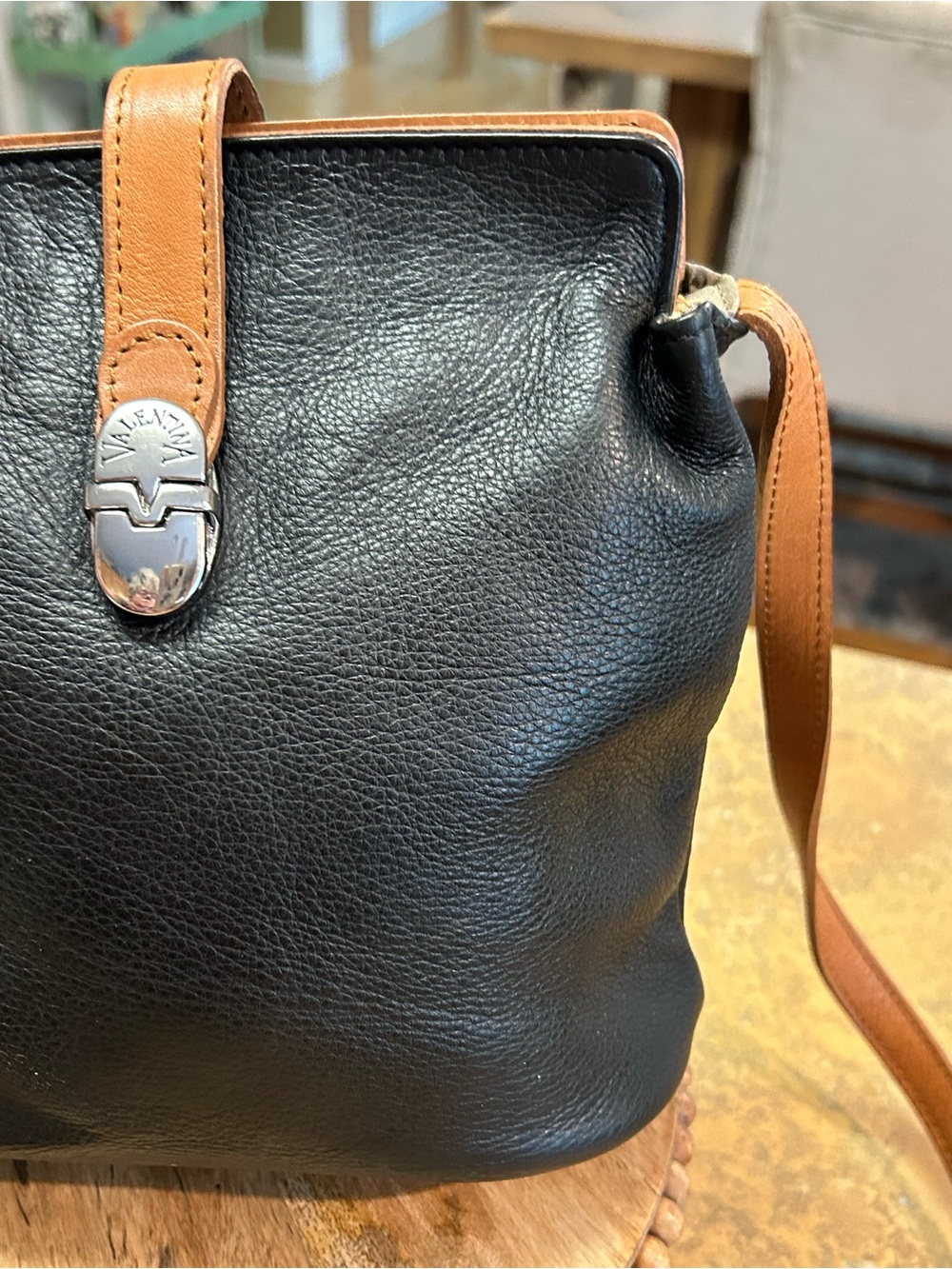 Valentina Leather Bucket Crossbody Bag in Black and Tan - Picture 4 of 16